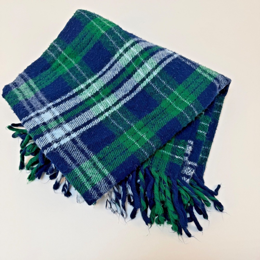 Faribault Woolen Mill  Blue Green White Plaid WOOL Throw Blanket 53" x‎ 52"